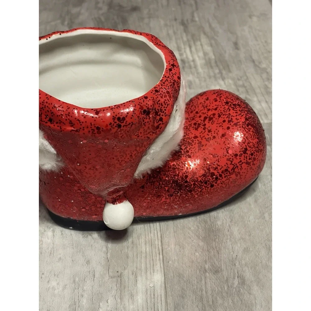 Vintage Christmas Red Santa Boot Planter Green Holly